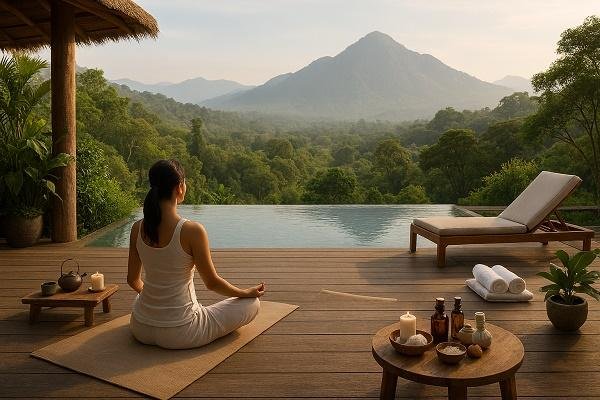 A woman meditating beside a peaceful mountain landscape