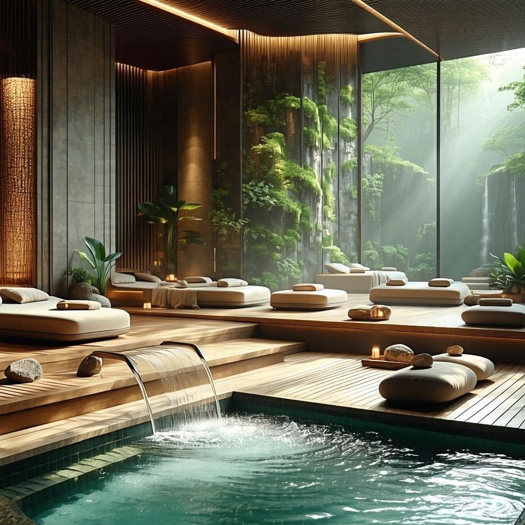 A tranquil wellness room surrounded by greenery