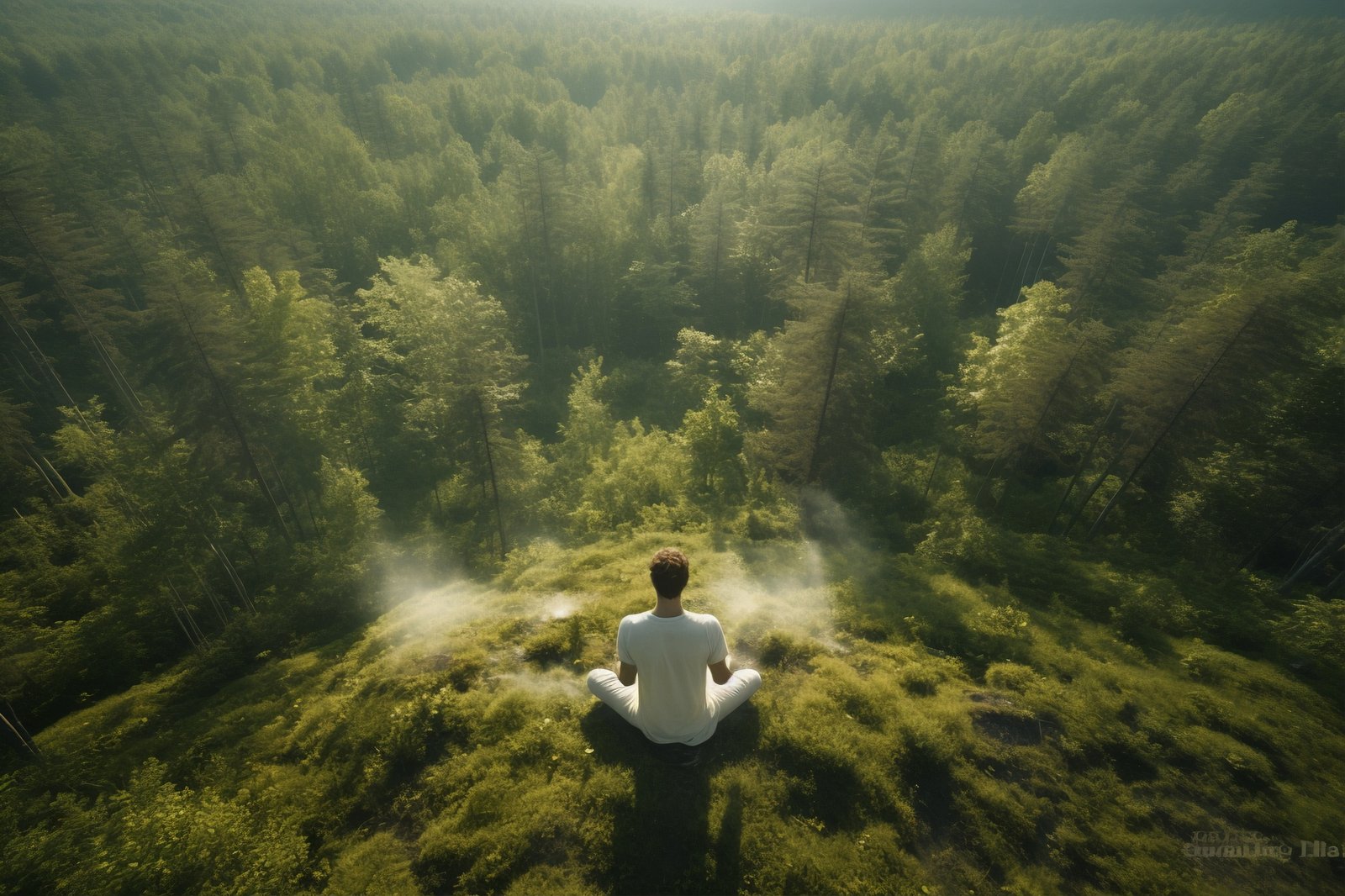 A person reflecting across a wide forest horizon